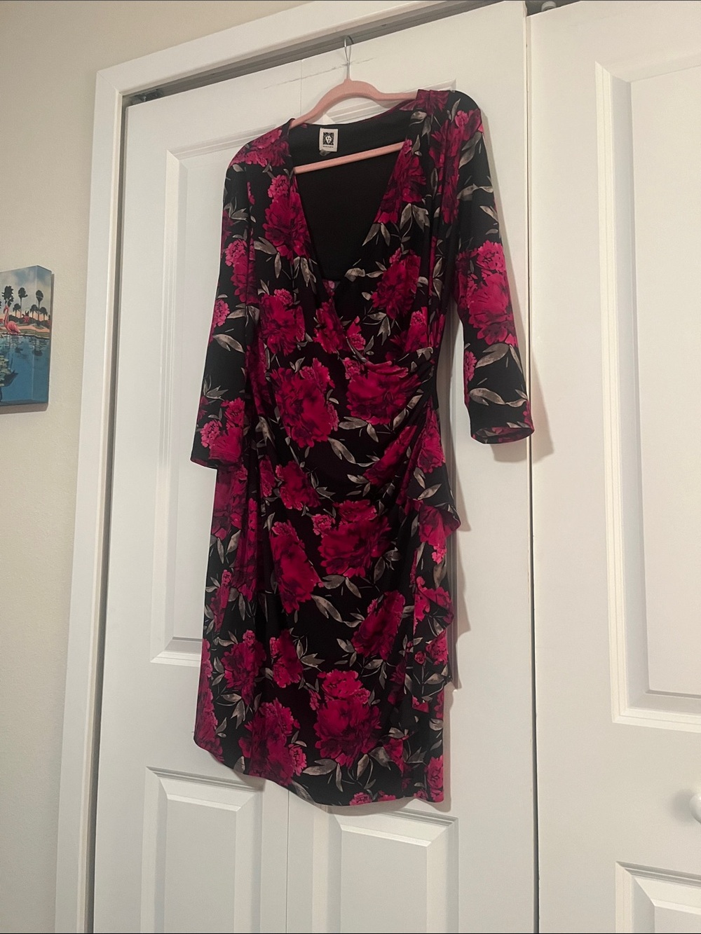 Anne Klein Black Dress with Fuchsia Floral Print